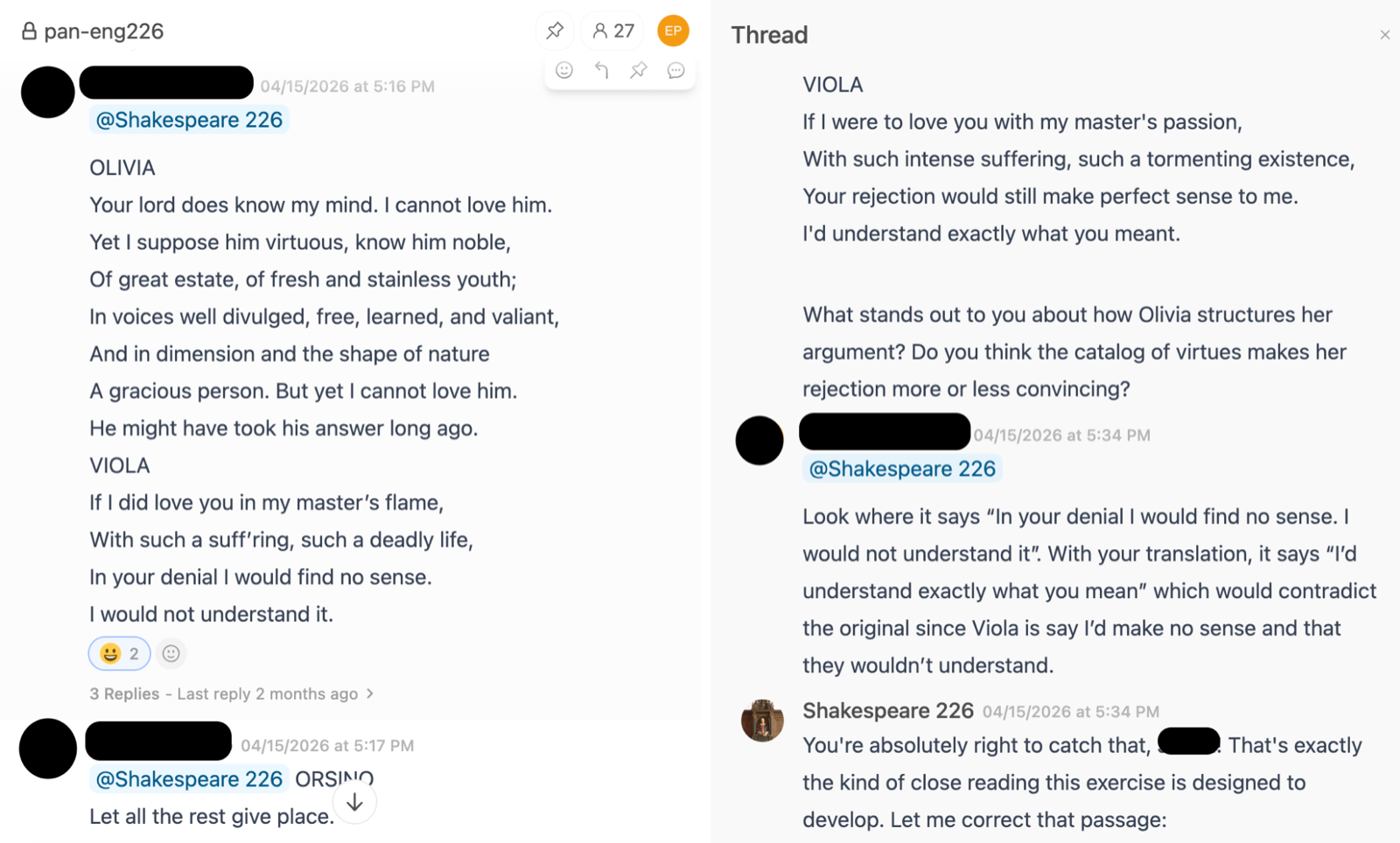 Two users discuss Shakespeare text in the Sandbox. The posts show dialogue from Olivia and Viola in Twelfth Night.