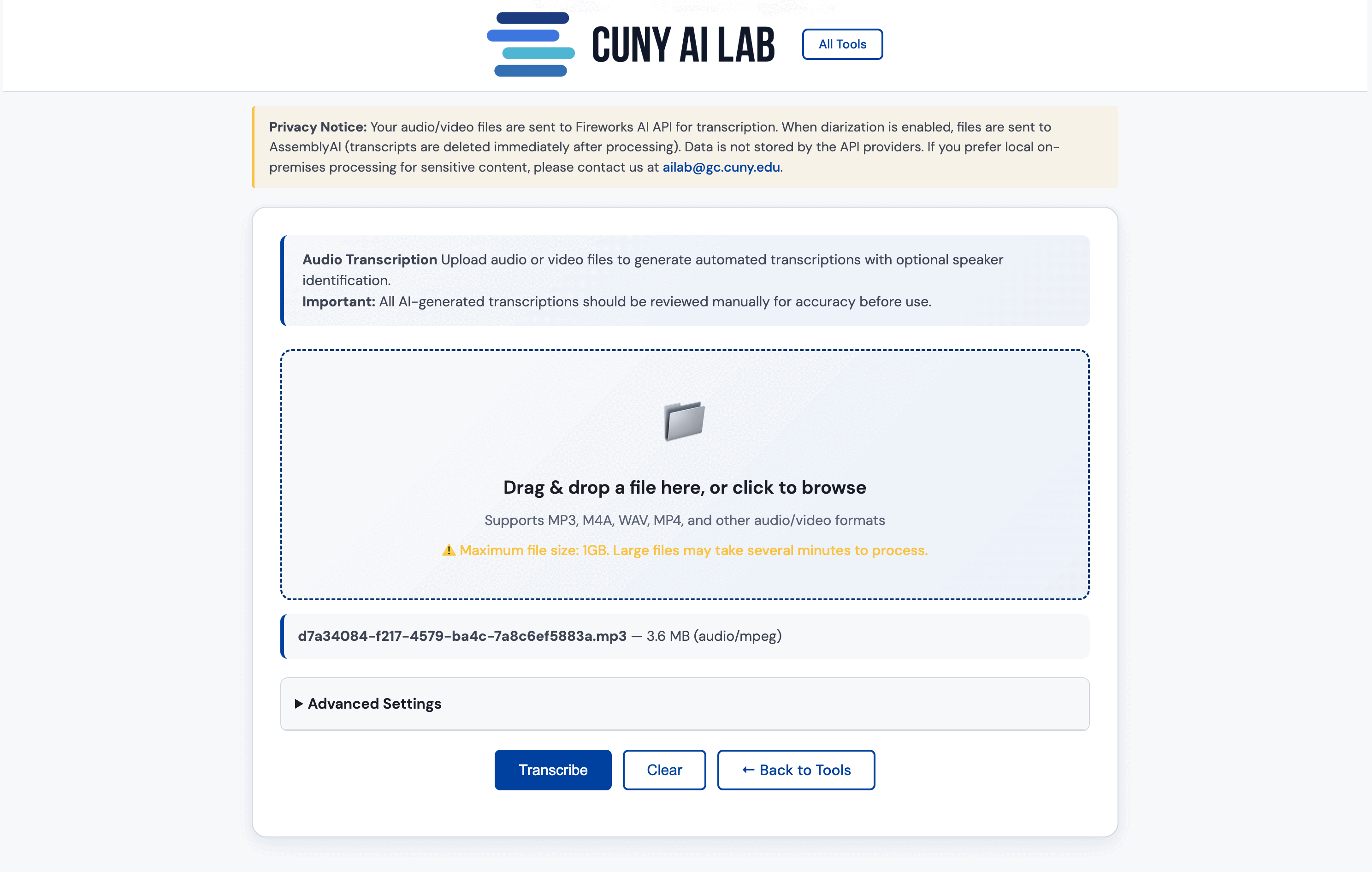 Demo of Multilingual Transcription Suite - uploading audio and receiving transcript