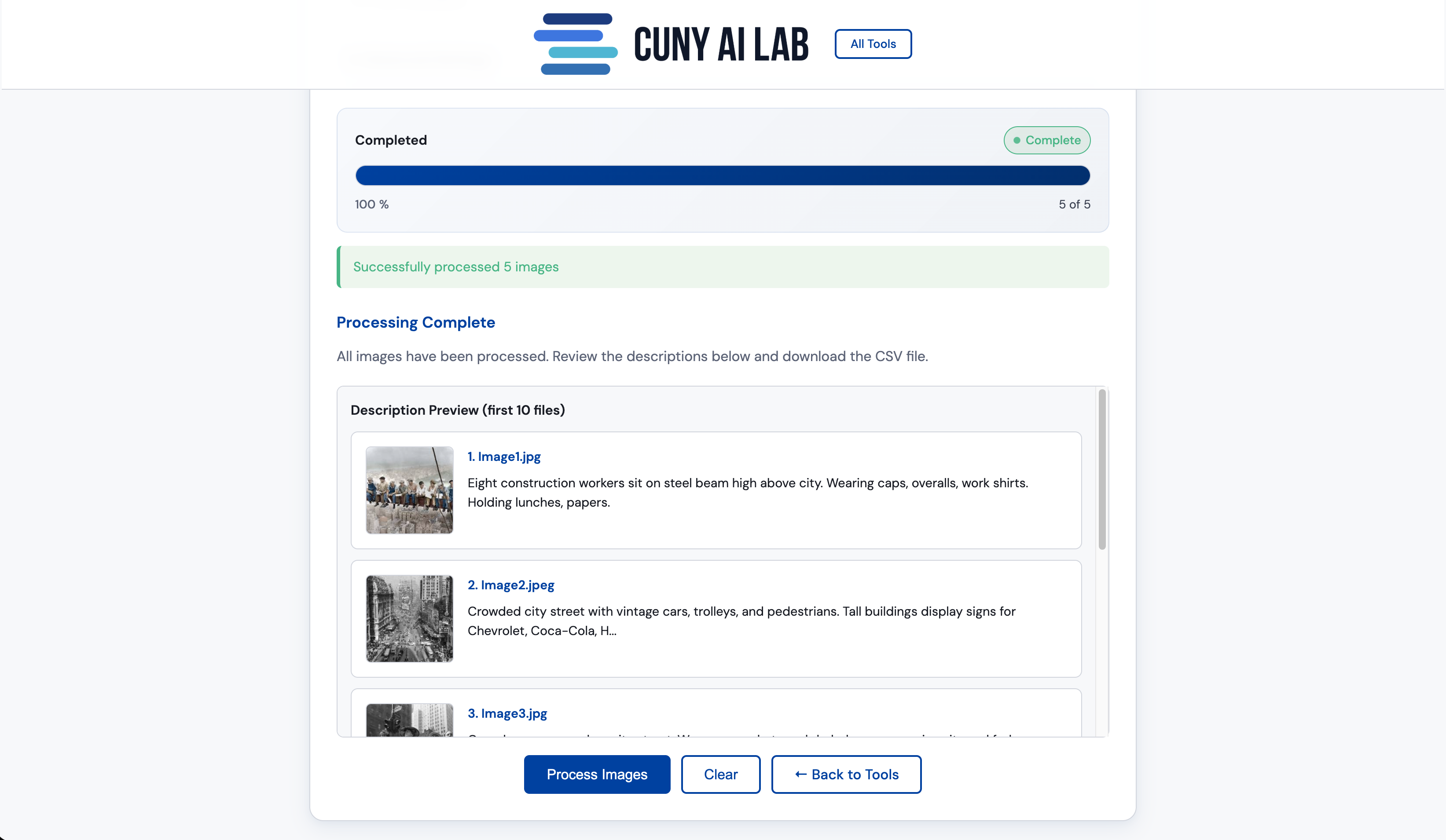 Image Description tool interface showing alt-text generation