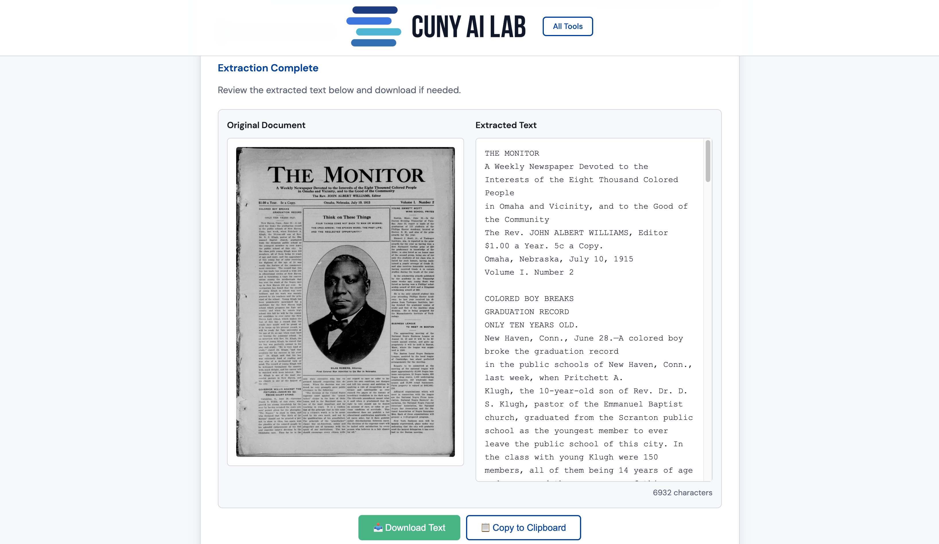 Document OCR tool interface showing text extraction